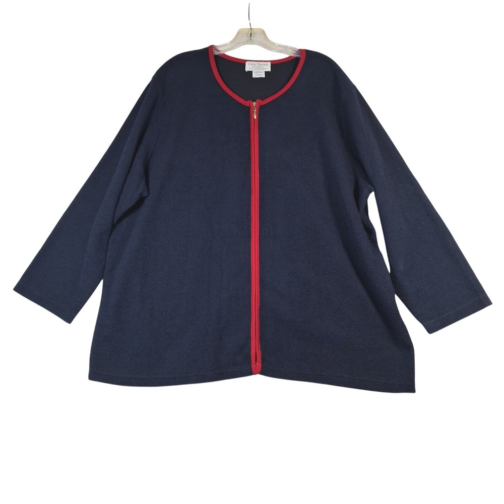 Cathy Daniels Catherines Womens 2X Navy Blue Full Zip Cardigan Red Trim